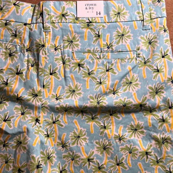 NWT Crown & Ivy Women 14 Aqua Green Palms High Raise Flat Front Chino Shorts (V) - Picture 9 of 9